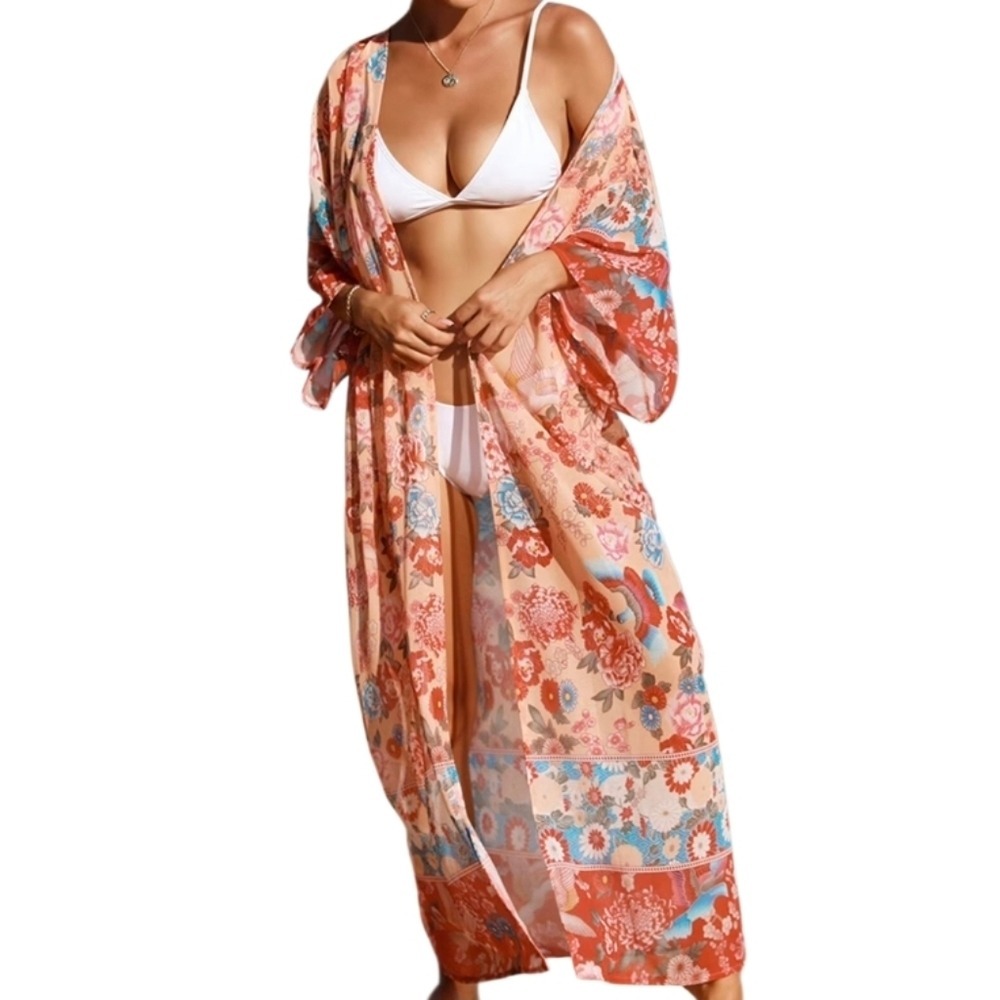 Red & Orange Floral & Bird Printed Open Sheer Front Kimono Robe Swimwear OS